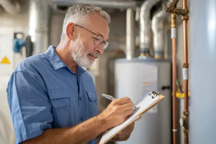 Man with a clipboard checking a water heater during a home plumbing inspection