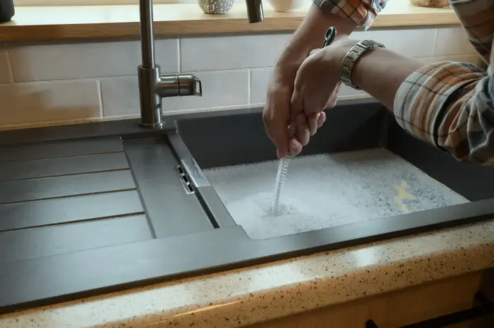 Person cleaning a kitchen sink as water runs toward the drain