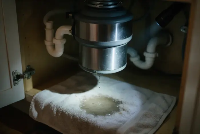 Garbage disposal under a kitchen sink dripping water from its bottom onto a towel