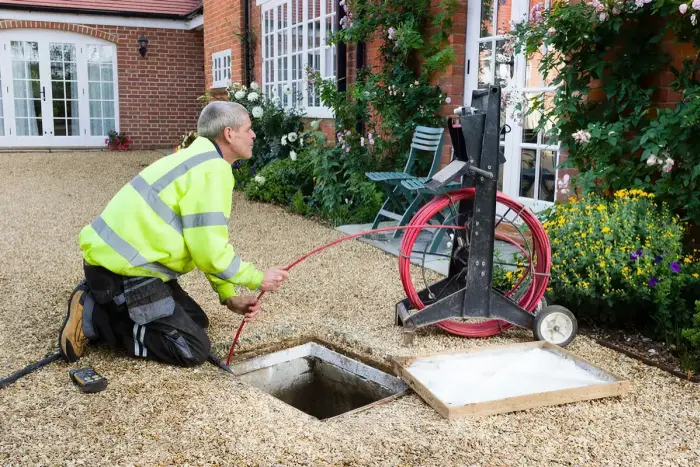 Technician feeding a sewer inspection camera into a cleanout in a front yard