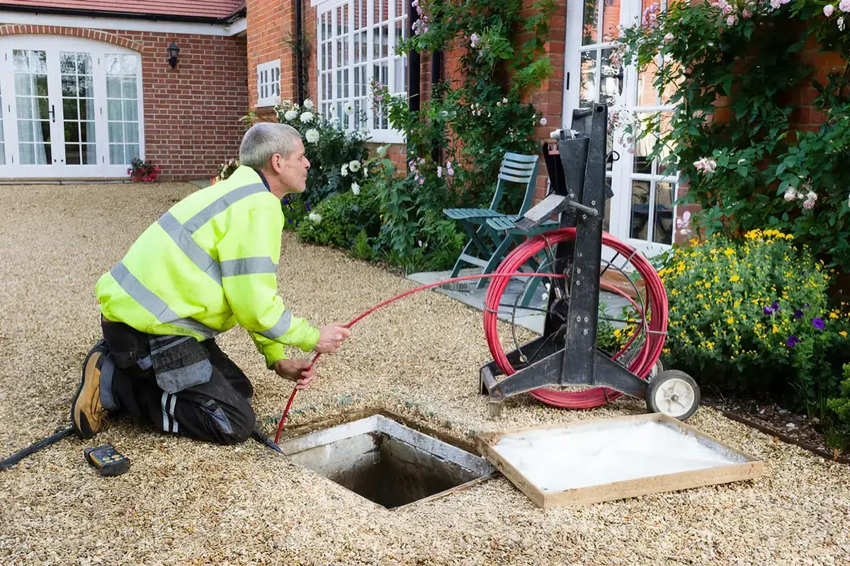 Technician feeding a sewer inspection camera into a cleanout in a front yard