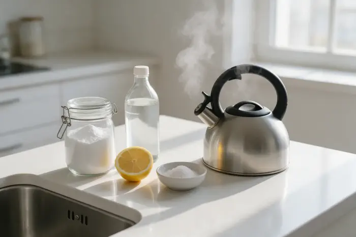 Baking soda, white vinegar, lemon, salt and a kettle of hot water beside a kitchen sink