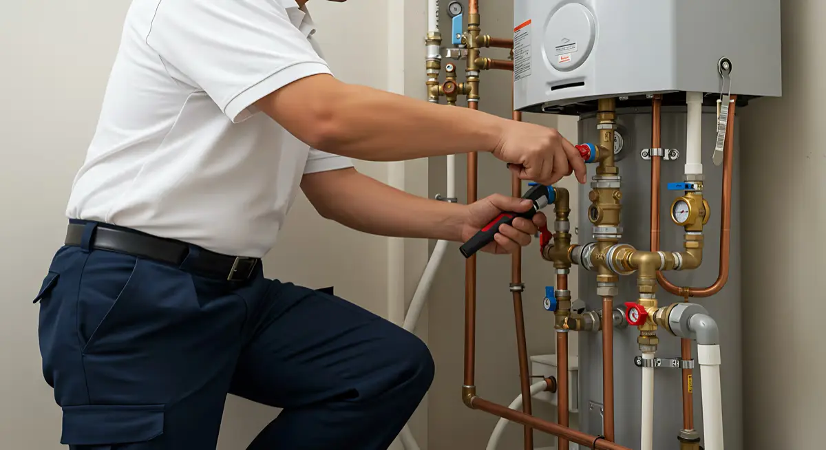 Technician connecting the gas and water lines on a wall-mounted tankless water heater
