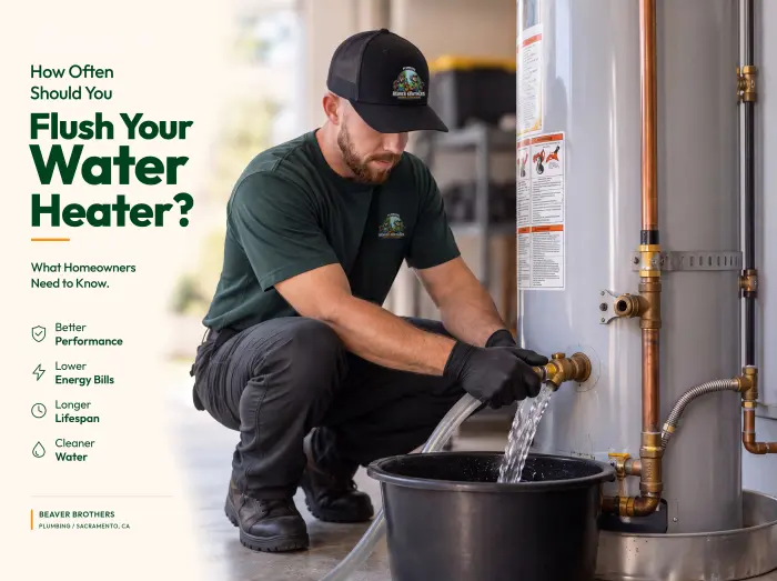 Plumber draining sediment from a water heater into a bucket, titled How Often Should You Flush Your Water Heater?