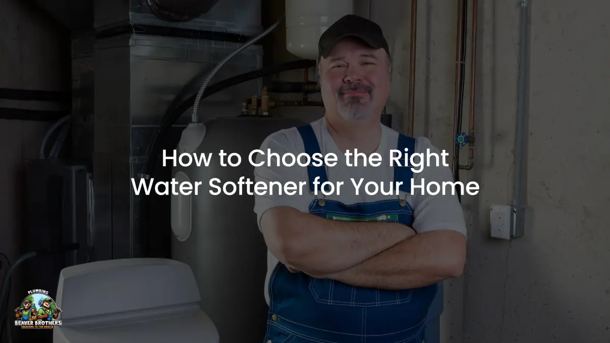 Plumber beside a water softener, titled How to Choose the Right Water Softener for Your Home
