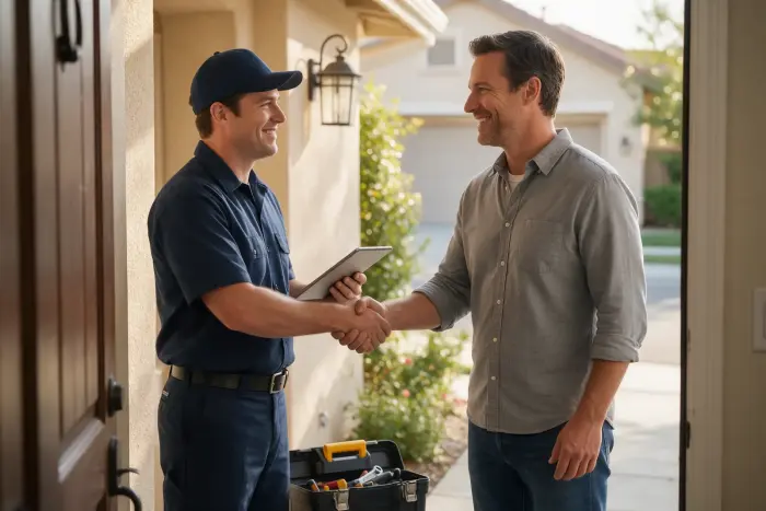 Plumber shaking hands with a homeowner at the front door