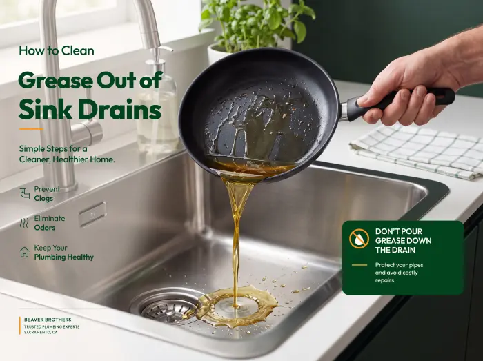Cooking grease poured from a frying pan into a kitchen sink drain, titled How to Clean Grease Out of Sink Drains