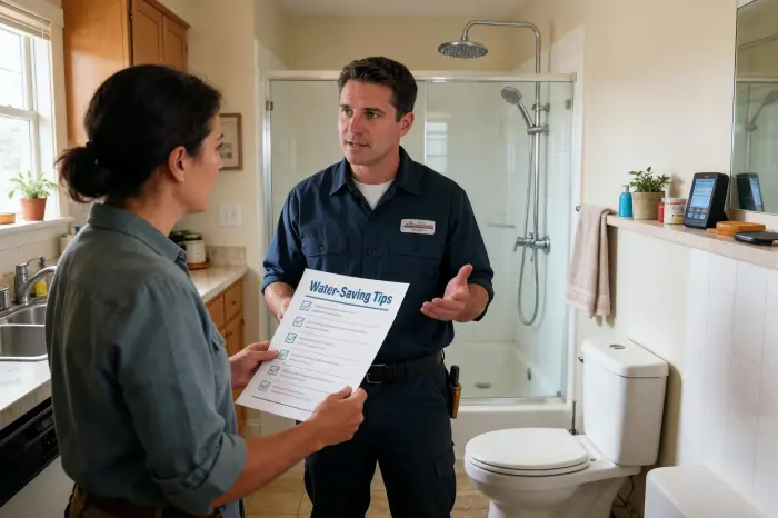 Plumber going over a list of water-saving tips with a homeowner in a bathroom