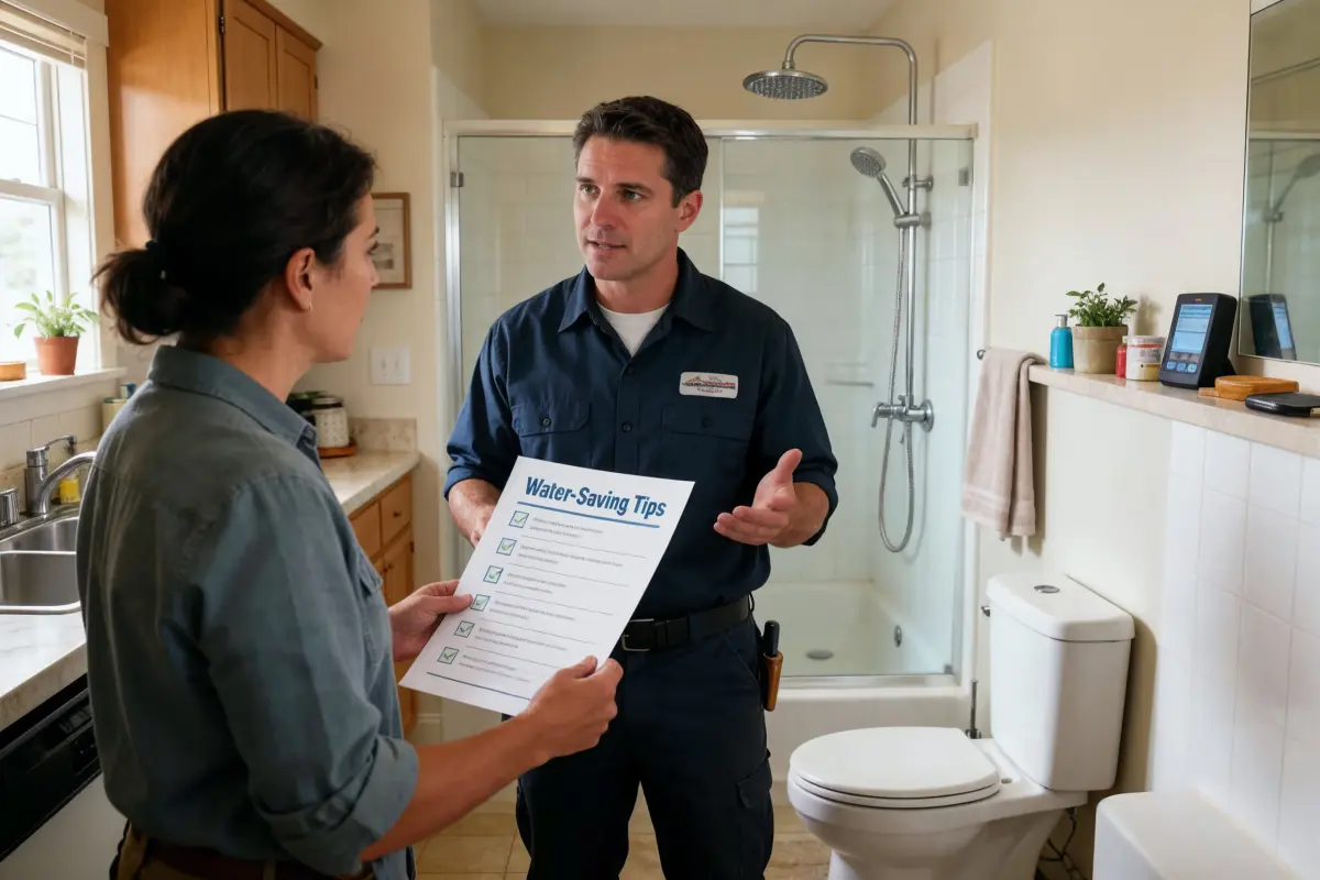 Plumber going over a list of water-saving tips with a homeowner in a bathroom