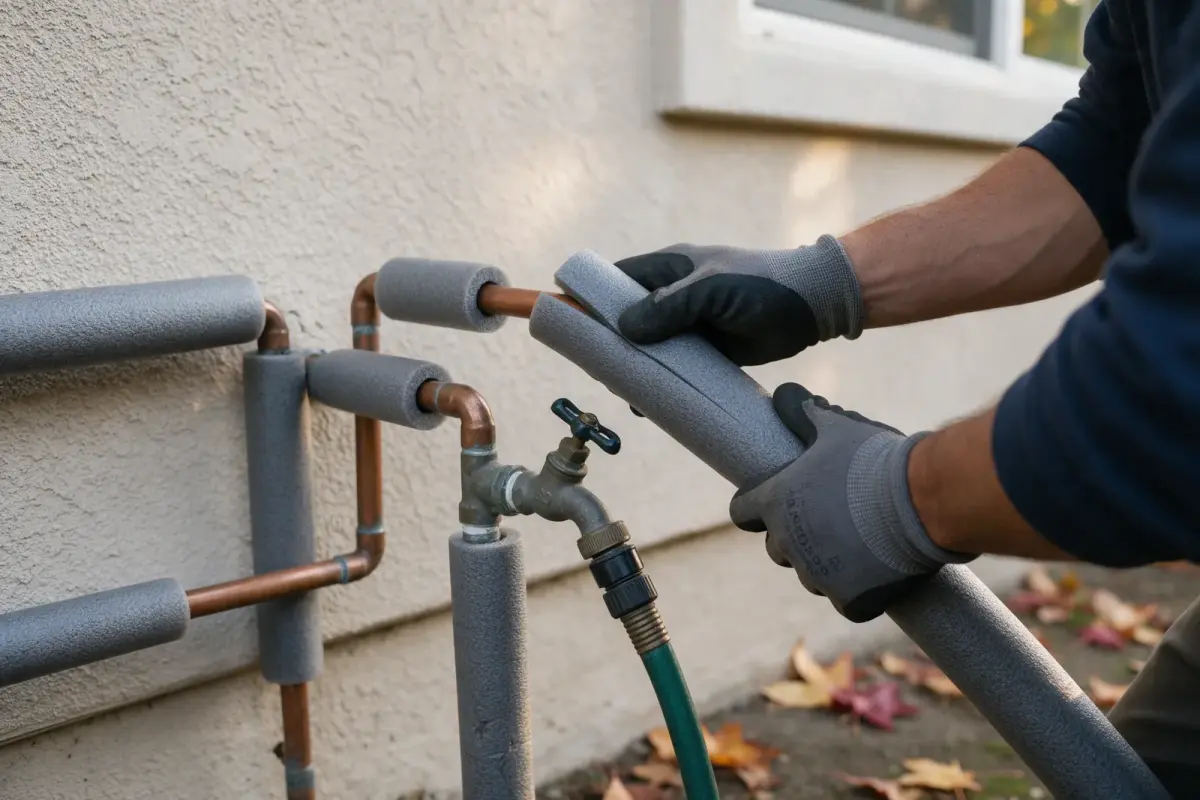 Plumber fitting foam insulation over outdoor copper pipes and a hose bib in autumn