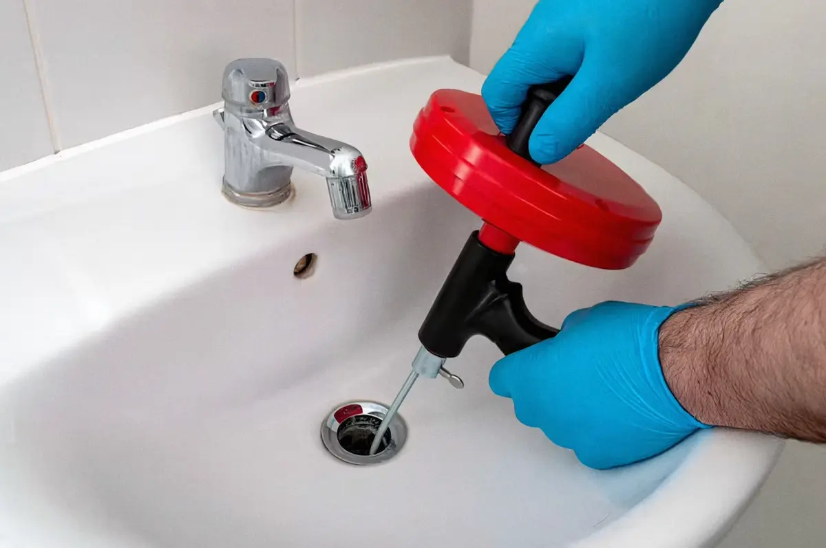 Gloved hands feeding a drain snake into a bathroom sink