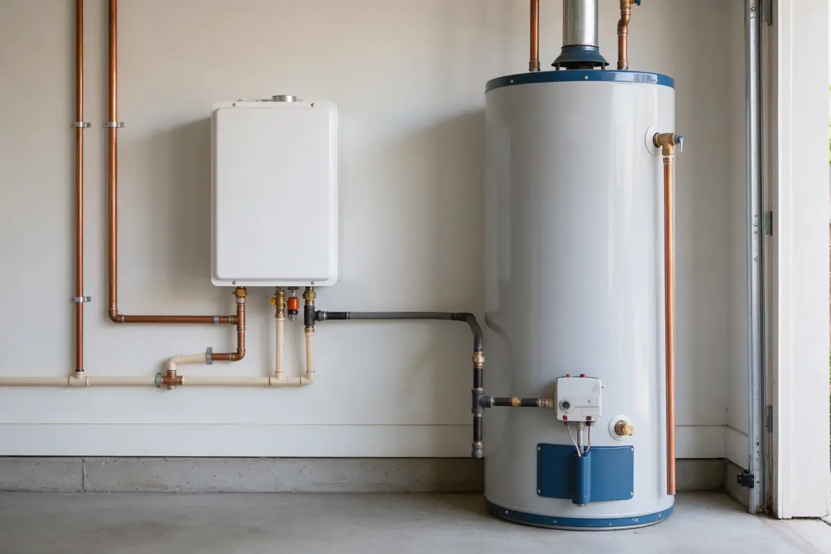 Wall-mounted tankless water heater beside a traditional tank water heater in a garage