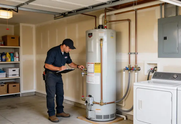 Plumber with a clipboard inspecting a water heater in a garage
