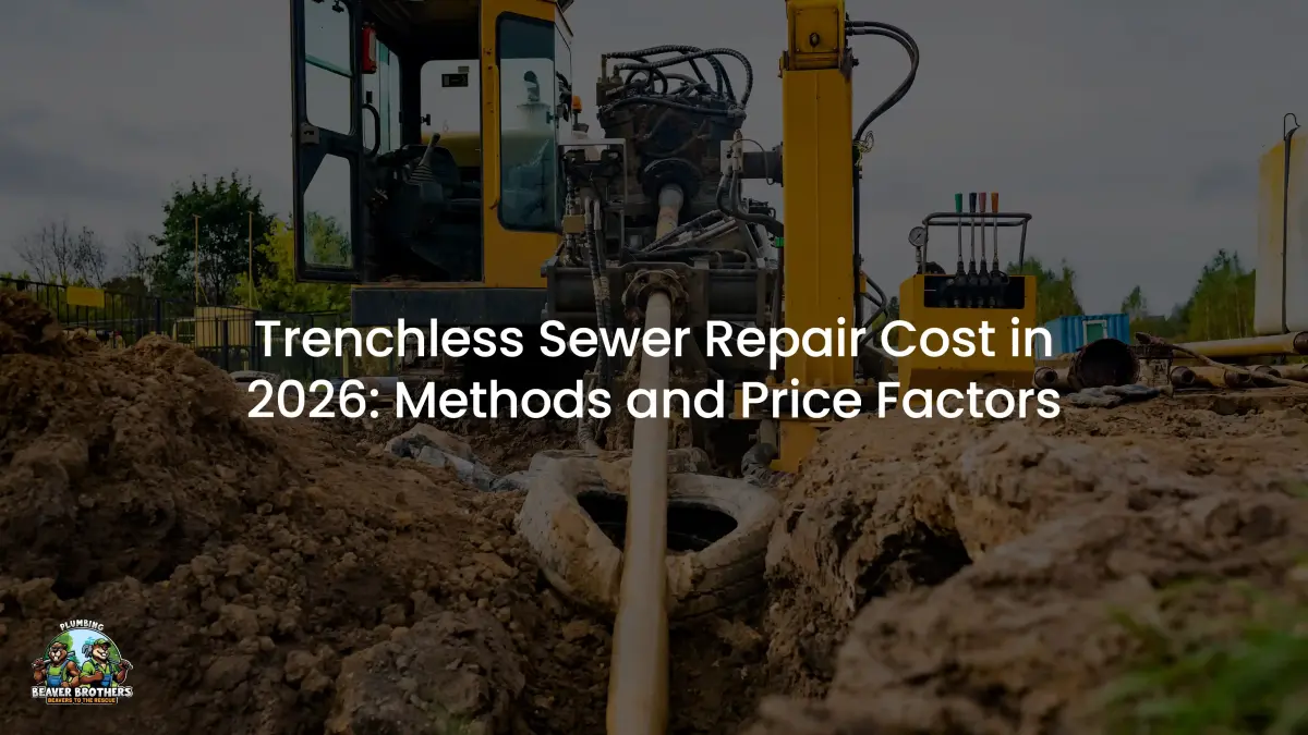 Excavator beside a small access pit, titled Trenchless Sewer Repair Cost in 2026