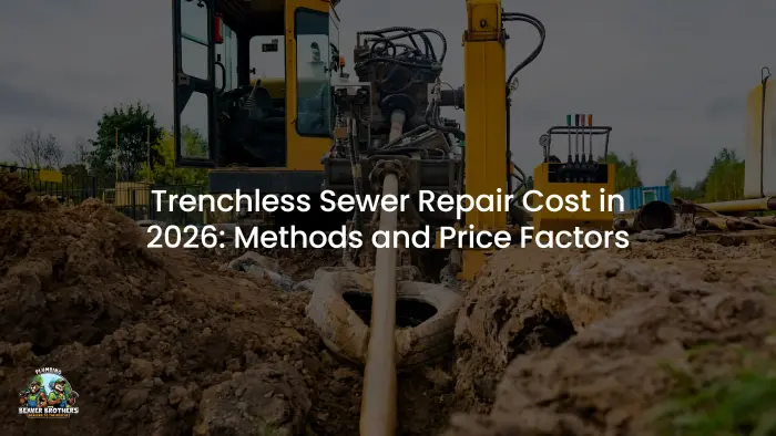 Excavator beside a small access pit, titled Trenchless Sewer Repair Cost in 2026