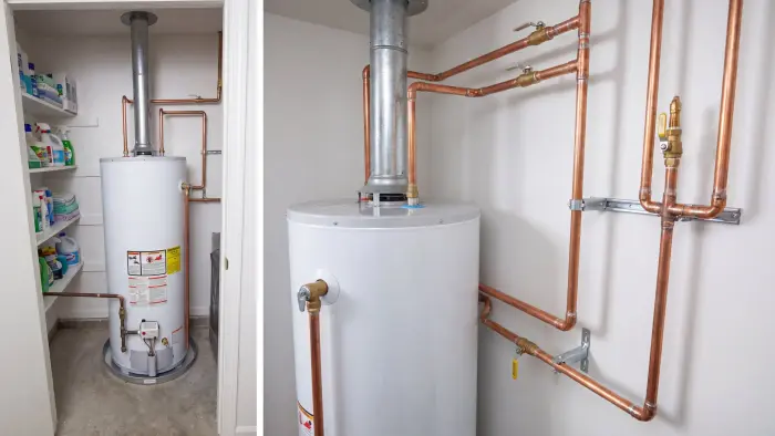 Newly installed tank water heater with copper supply lines and vent pipe