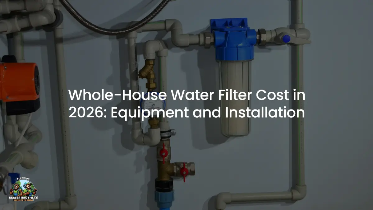 Whole-house water filter on a supply line, titled Whole-House Water Filter Cost in 2026: Equipment and Installation
