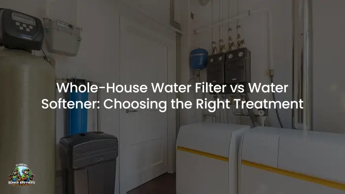 Water softener and filter tanks in a utility room, titled Whole-House Water Filter vs Water Softener