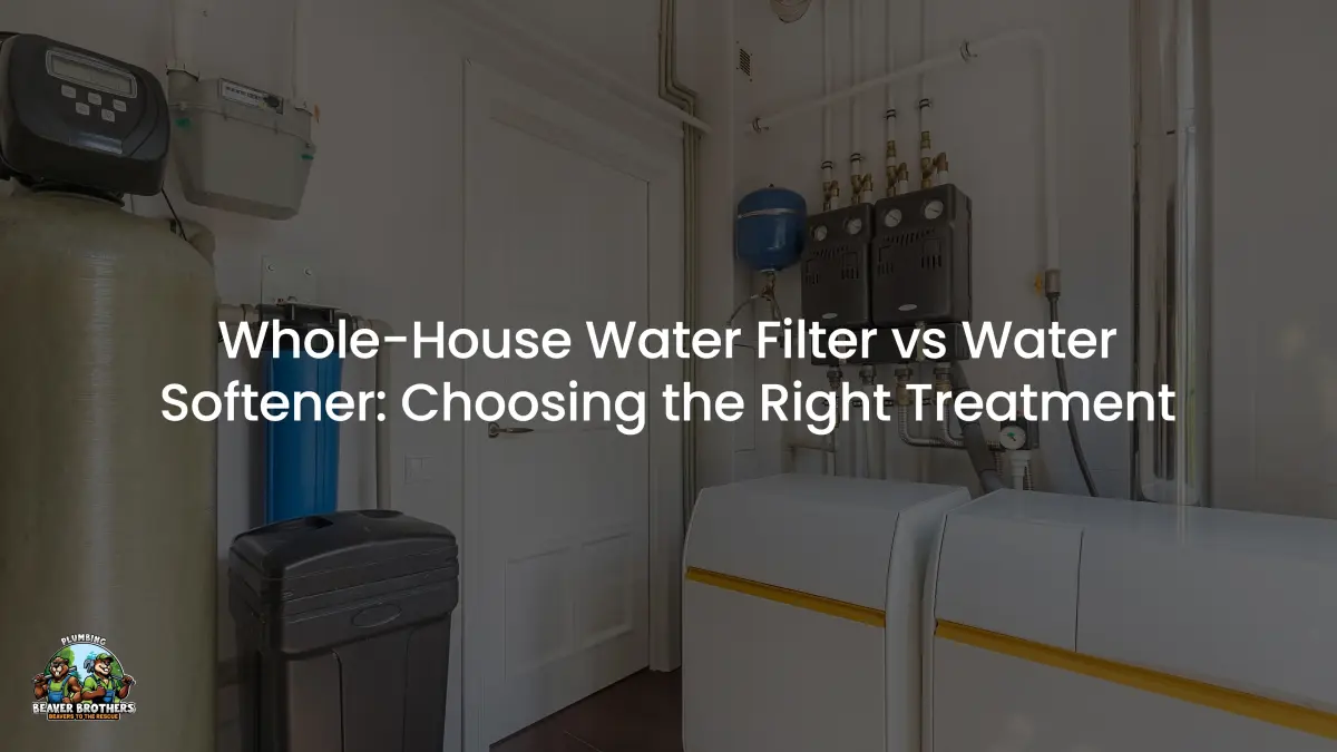 Water softener and filter tanks in a utility room, titled Whole-House Water Filter vs Water Softener