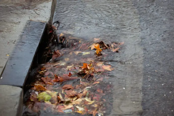 Rainwater flowing over a gutter packed with fallen leaves