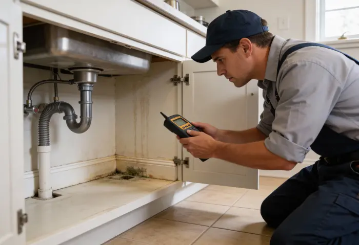Plumber checking under a kitchen sink with a moisture meter for a hidden leak