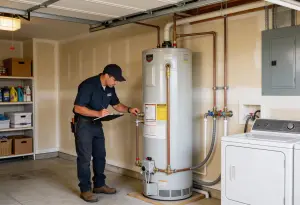 Technician checking the valves on a tank water heater in a garage beside the dryer