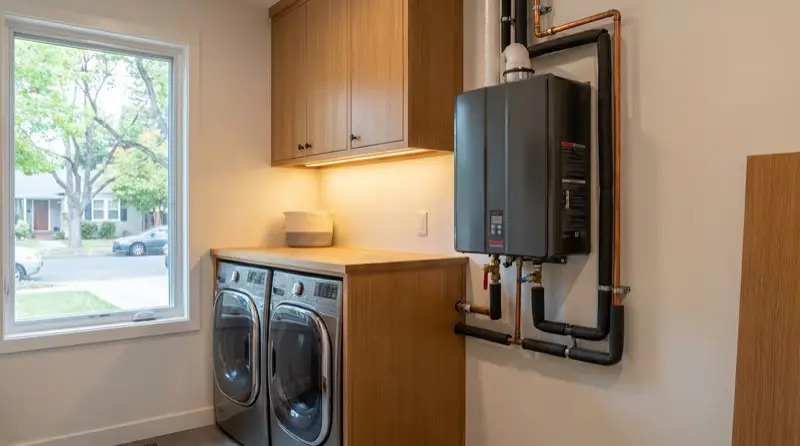 Laundry room with a boiler and water connections — Beaver Brothers Plumbing