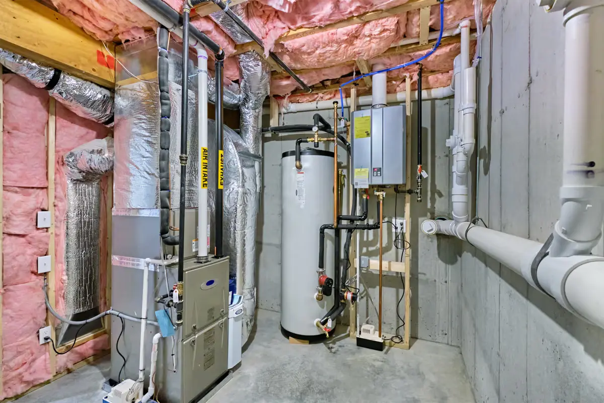 Water heater and utility connections in a mechanical space — Beaver Brothers Plumbing