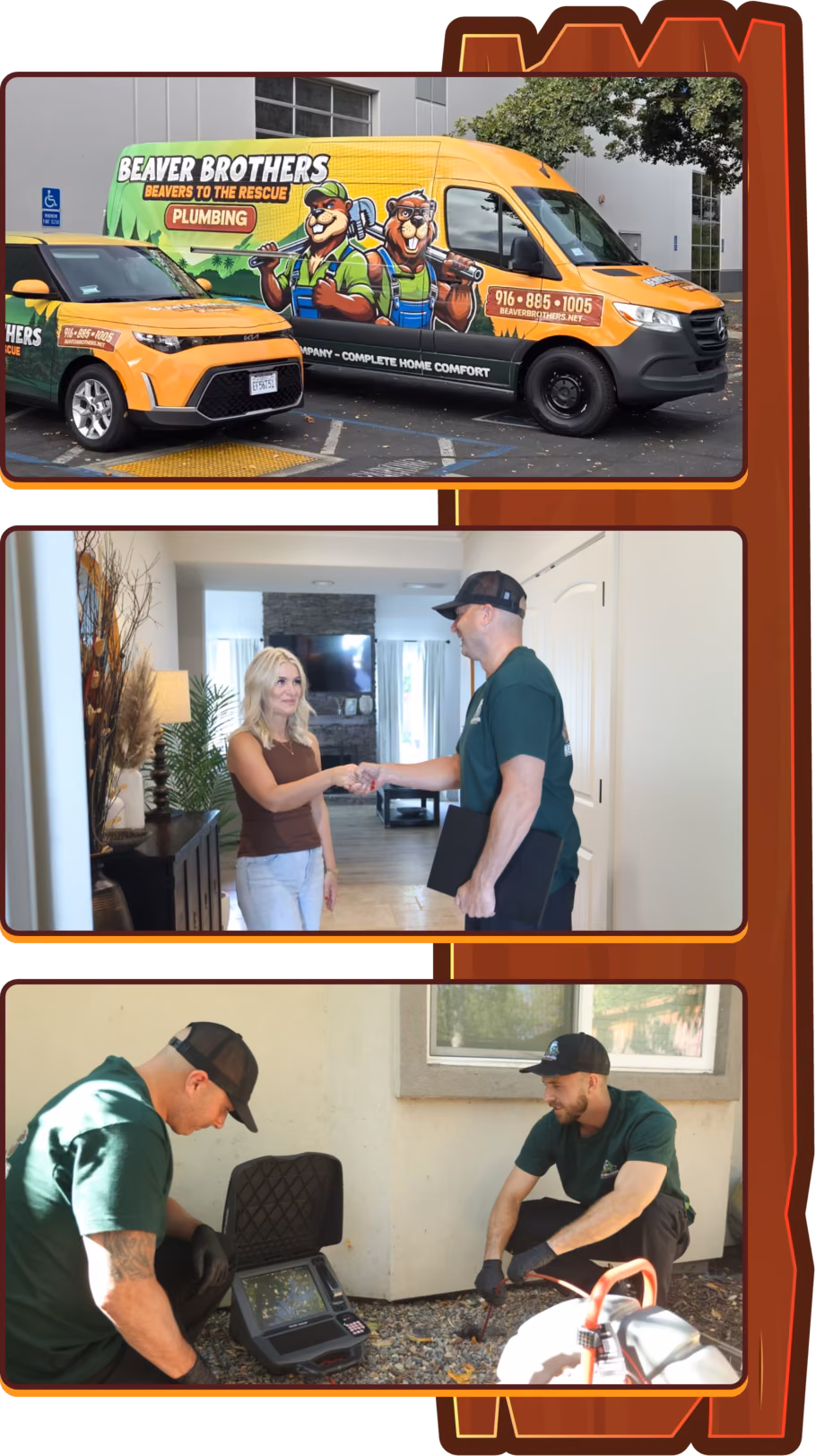 Beaver Brothers service van, a technician greeting a homeowner, and two technicians at work
